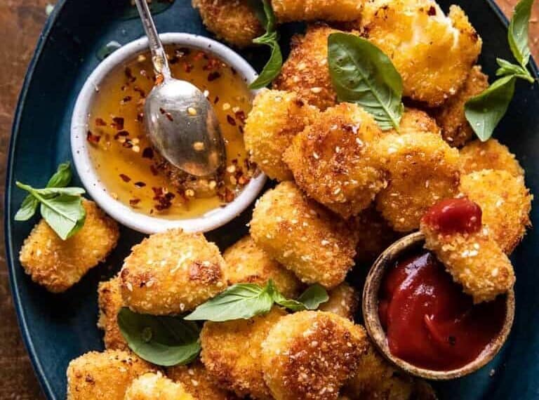 Oven Fried Halloumi Nuggets with Hot Honey