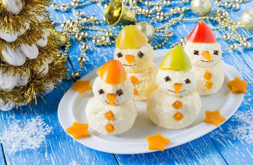New Year’s Eve Snowmen Snacks with Cherry Tomatoes and White Soft Cheese