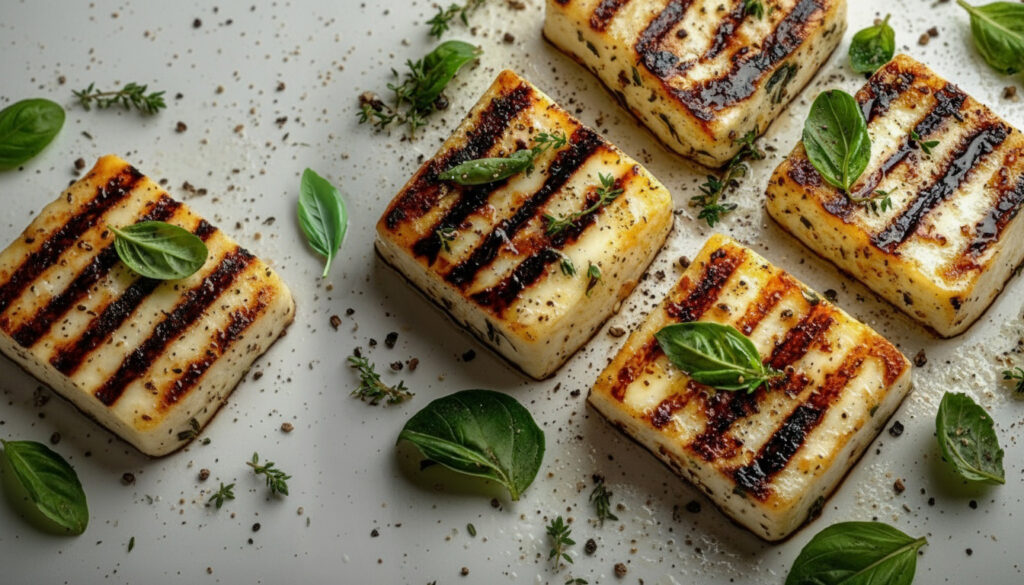 Grilled Halloumi with basil and fresh herbs.